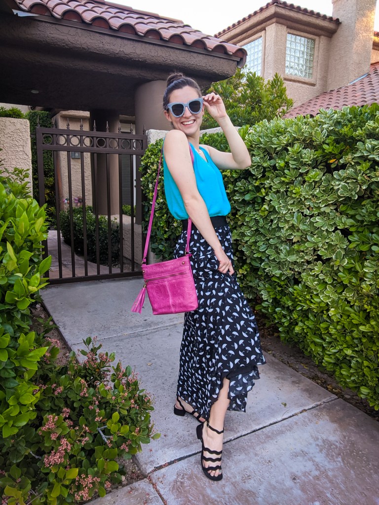 \"turquoise-top-pink-purse-umbrella-print-maxi-skirt\"